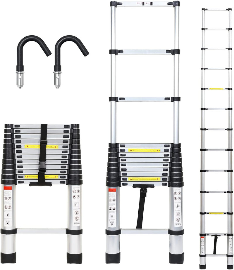 Joparri Aluminium Teleskopleiter mit Abnehmbarem Haken, 3.8M Ausziehbare Leiter, Rutschfester Alulei