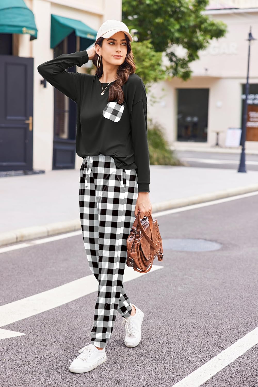 Ekouaer Schlafanzug Damen Lang Zweiteiler Pyjama Langarm Warm Pyjama Set Weich Nachtwäsche Kariert,