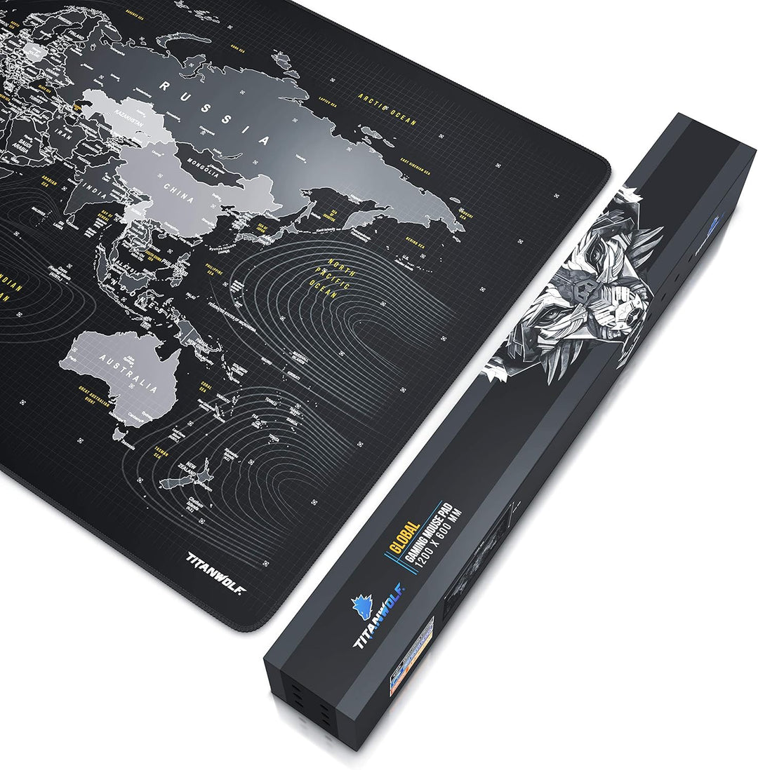 Titanwolf - Übergrösse Mauspad 1200x600mm Weltkarte XXXL Mousepad gross mit Motiv Tischunterlage Lar