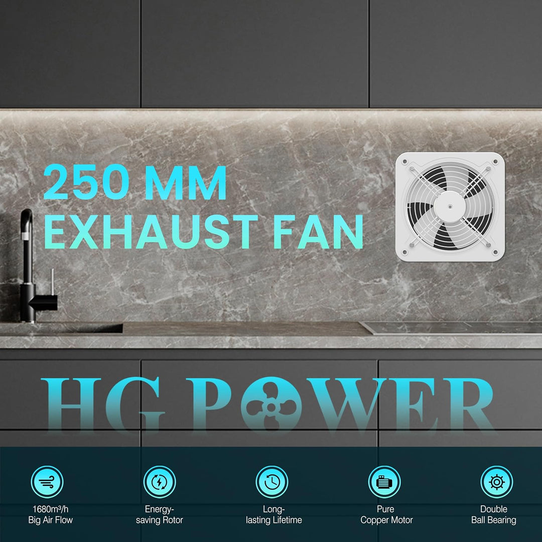 HG Power Abluftventilator 250mm - 1680m³/h Badlüfter Leiser mit Rücklaufklappe, Geschwindigkeitsregl