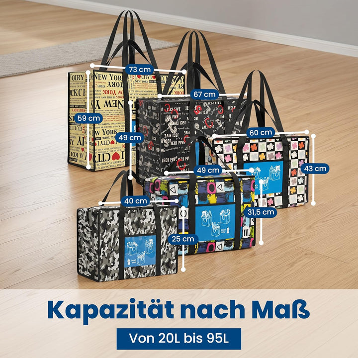 5er-Set XXL Umzugstaschen 100L mit Rucksackfunktion & verstärkten Griffen, extrem robuste Kleidertas