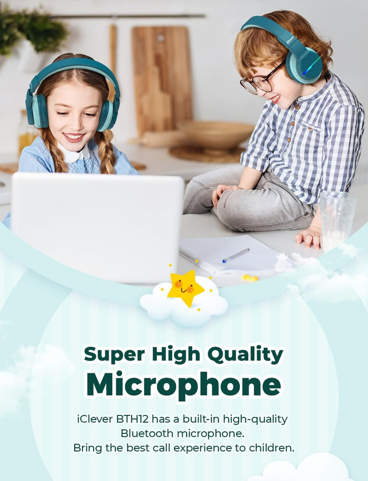 iClever Bluetooth Kinder Kopfhörer, Farbige LED-Leuchten, Kinderkopfhörer Over-Ear mit 74/85/94dB La