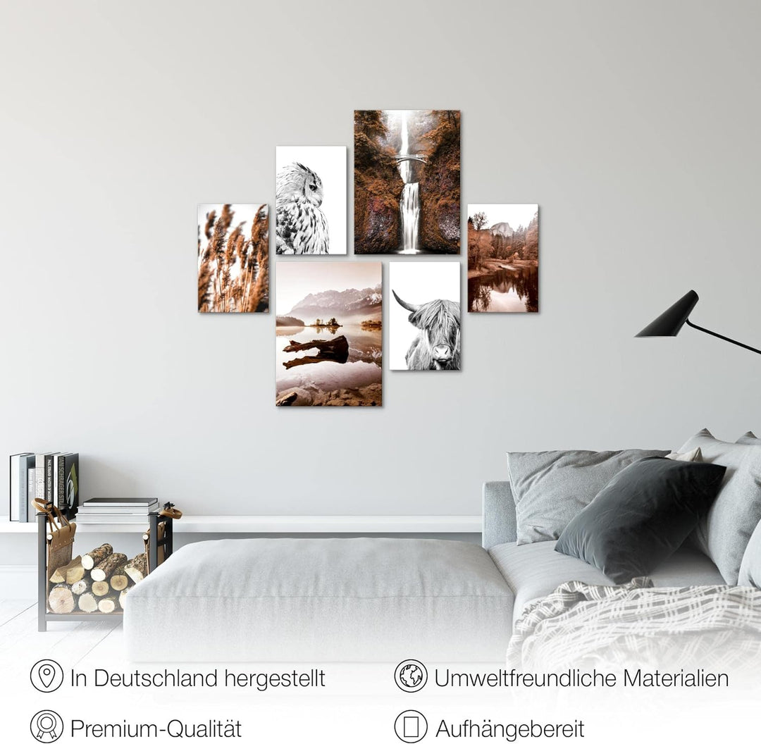 Novart Bilder Set - AUFHÄNGFERTIG - KEIN EXTRA RAHMEN BENÖTIGT - Natur Berge See Modern Orange Braun