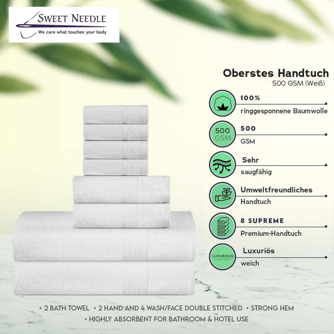 SweetNeedle Luxus-Handtuchset aus Premium-Baumwolle, weiss – 2 Badetücher, 2 Handtücher und 4 Wasch-