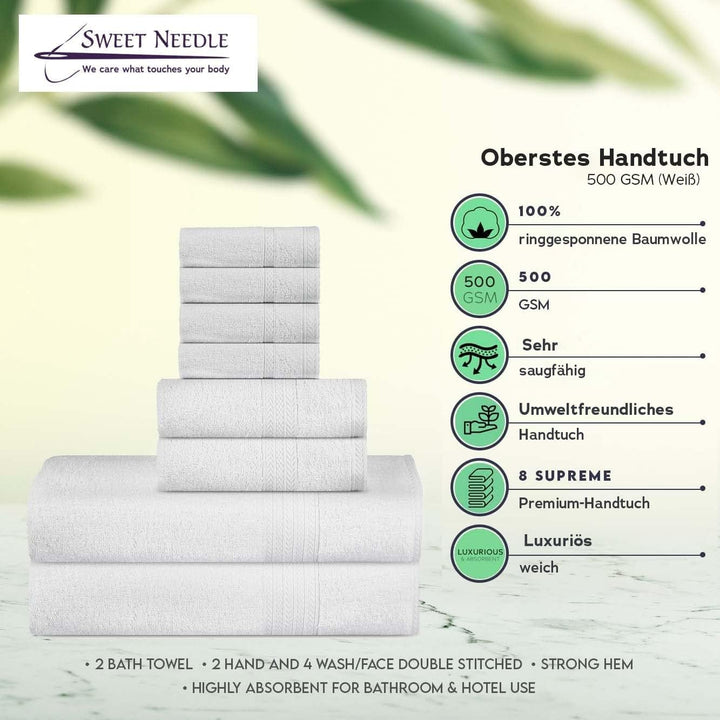 SweetNeedle Luxus-Handtuchset aus Premium-Baumwolle, weiss – 2 Badetücher, 2 Handtücher und 4 Wasch-