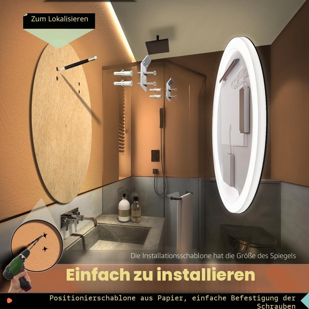 KWW Grosser Moderner LED Runder Badezimmer-Eitelkeitsspiegel, Farbtemperatur Einstellbar, Anti-Nebel