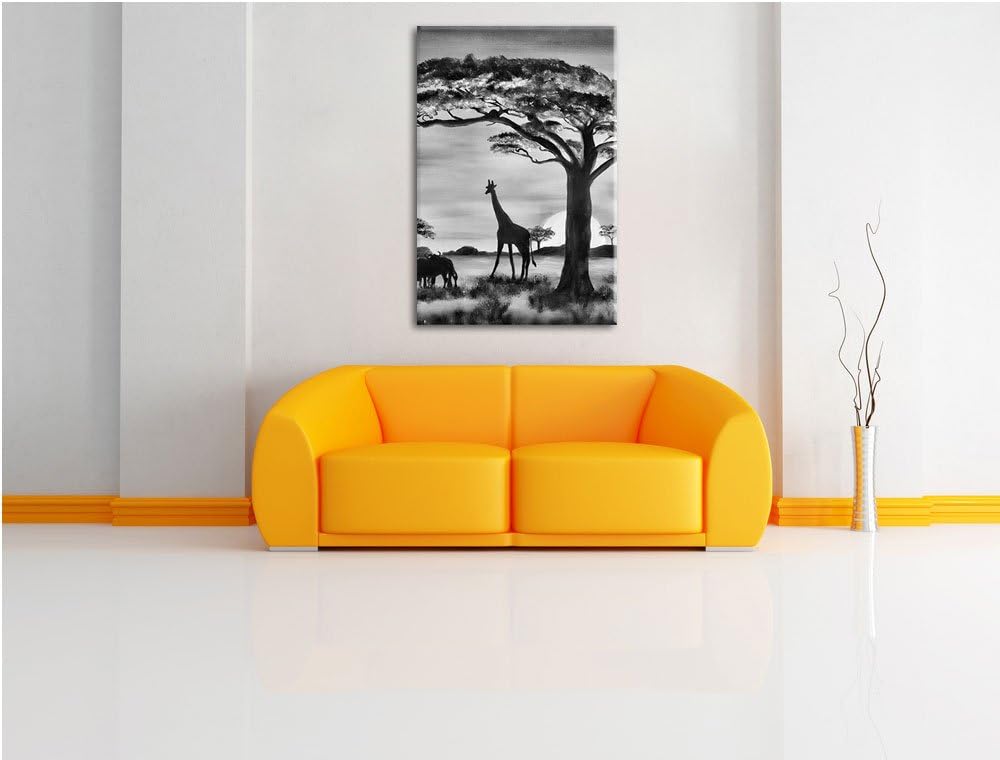 Pixxprint Monocrome, Savanne mit Wildtieren gemalt, Format: 100x70 auf Leinwand, 100x70