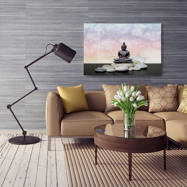 Feeby Frames, Leinwandbild, Bilder, Wand Bild, Wandbilder, Kunstdruck 50x70cm, BUDDHA, KULTUR, STEIN