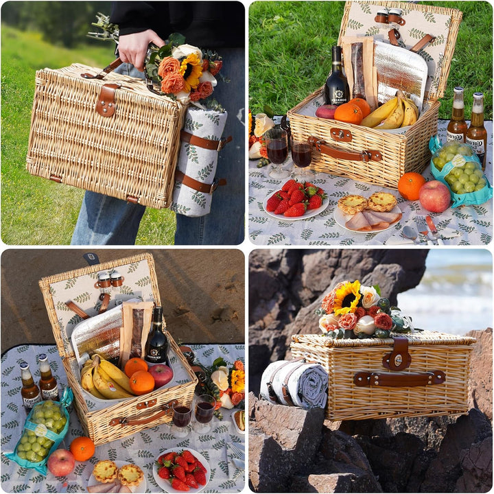 Picknickkorb für 2 Personen, Picknickkorb-Set mit Kühlfach und wasserdichte Picknickdecke, Besteck S
