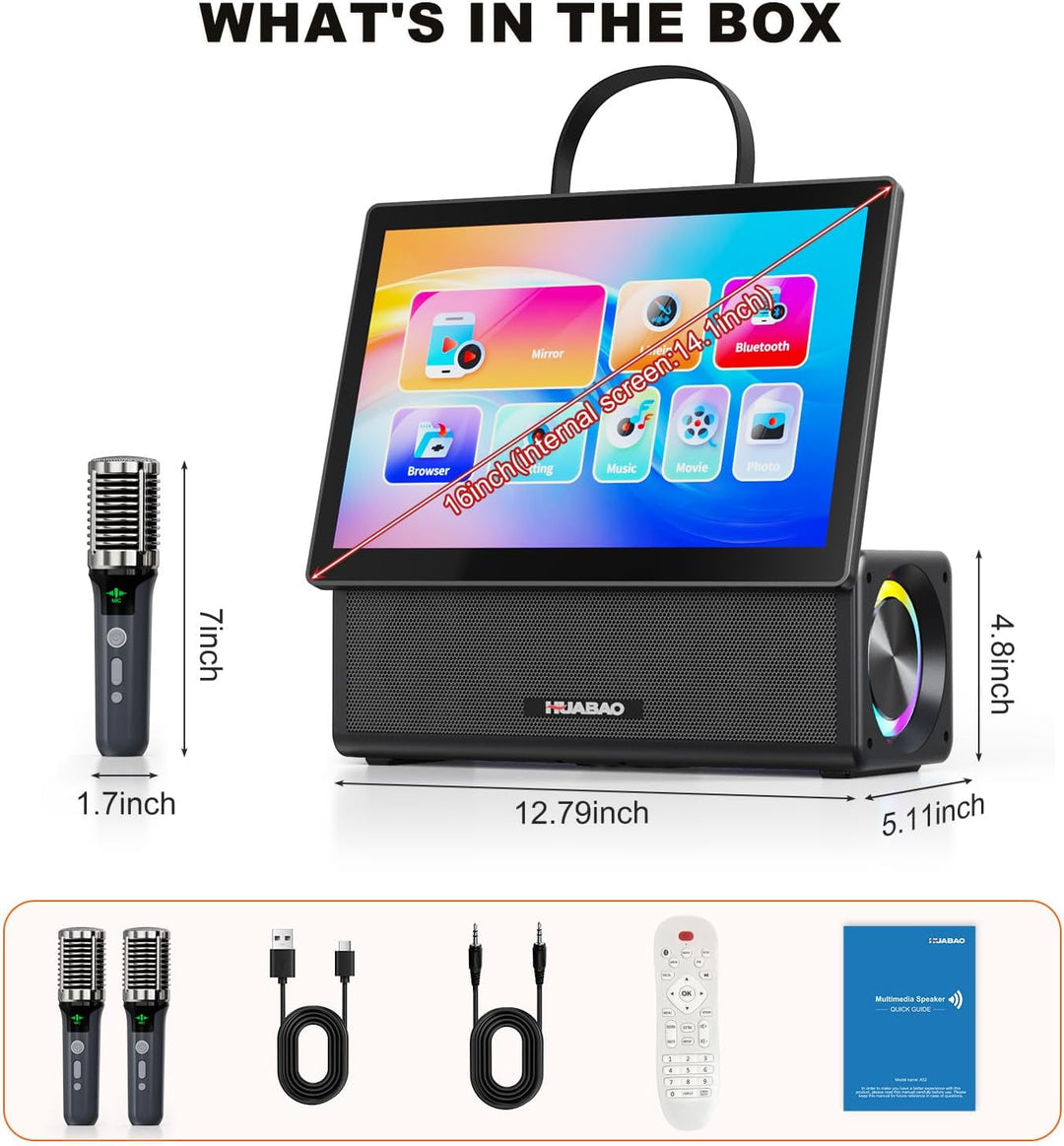 HUABAO Tragbare Karaoke-Maschine mit 14,1-Zoll-HD-Drehbildschirm, kabelloser Bildschirmspiegelung fü