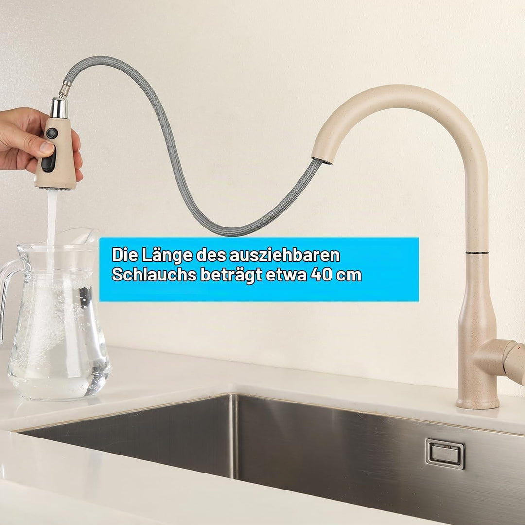 ONECE Küchenarmatur Weizenfarbe mit ausziehbar Brause 3 Duschmodi, Hochdruck Wasserhahn Küche Spülti