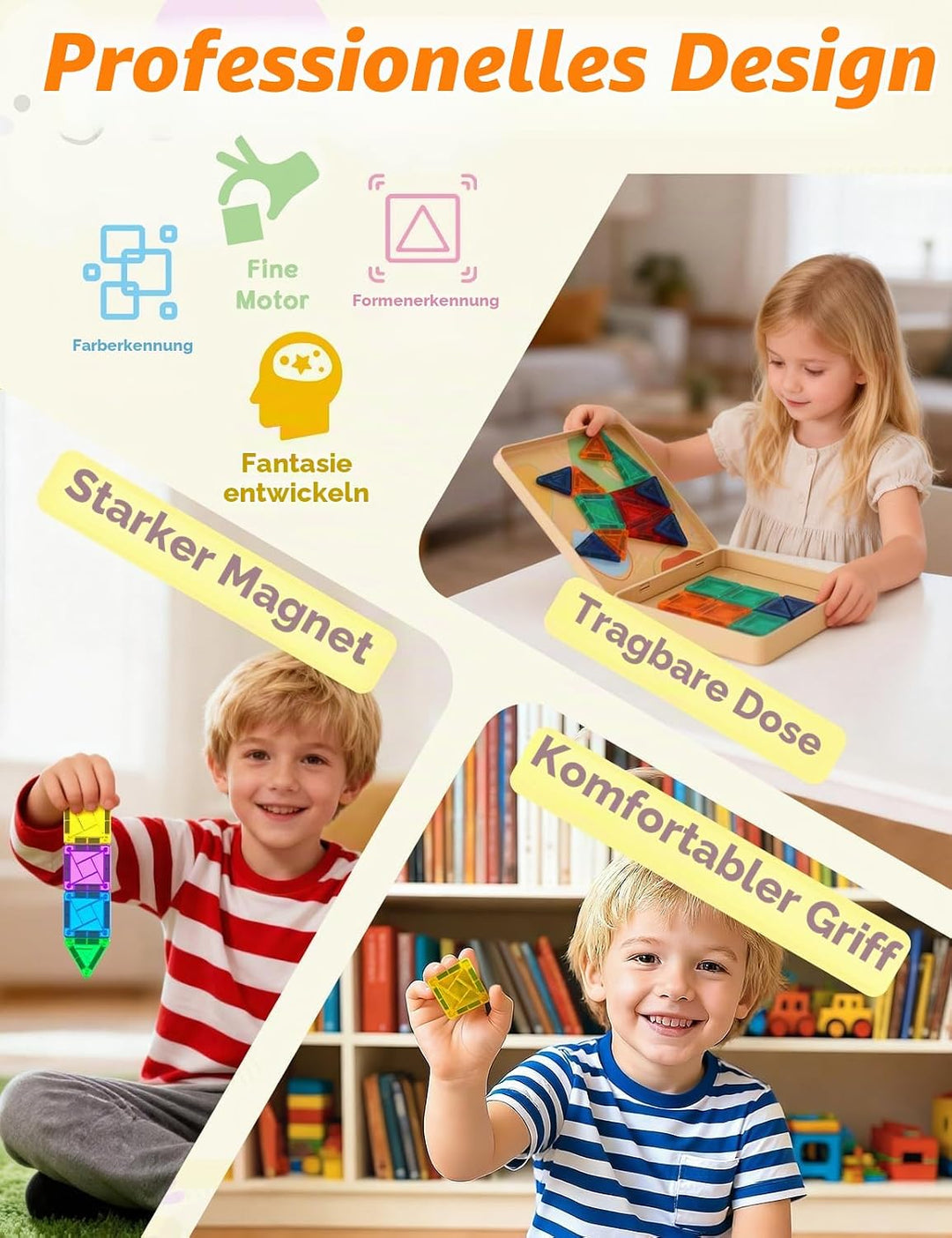 Magnetische Fliesen 60 Stück, Mini Magnetbausteine ReiseSet, Magnetbausteine für Kinder Kreatives Sp