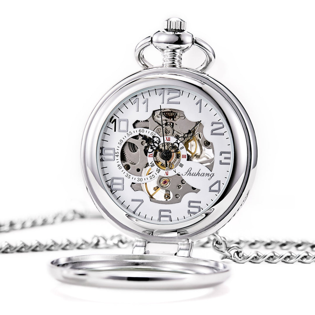 TREEWETO Unisex Taschenuhr mit Kette Analog Handaufzug Stehende Lupe Skelett Silber