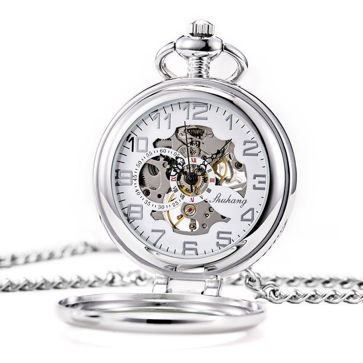 TREEWETO Unisex Taschenuhr mit Kette Analog Handaufzug Stehende Lupe Skelett Silber