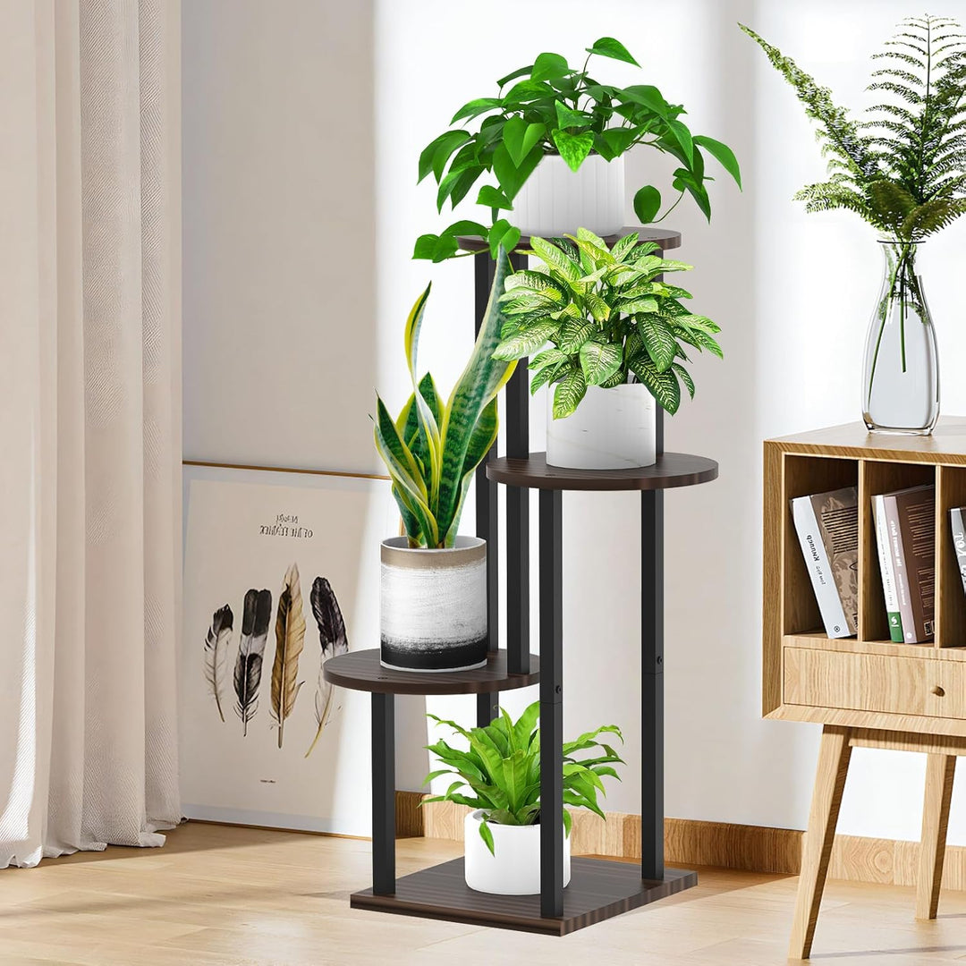 YOCOMEY 4 Tier Hölzern Blumenregal Metall Pflanzenregal, Mehrstöckig Blumenständer Pflanzenständer B