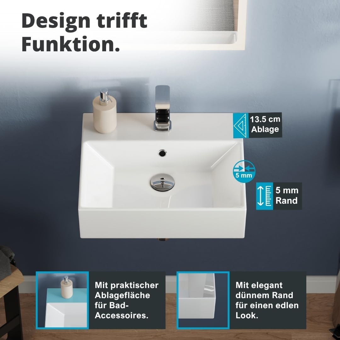 Aqua Bagno Handwaschbecken 50 cm Keramik Weiss, Hängewaschbecken rechteckig für Wandmontage, Aufsatz