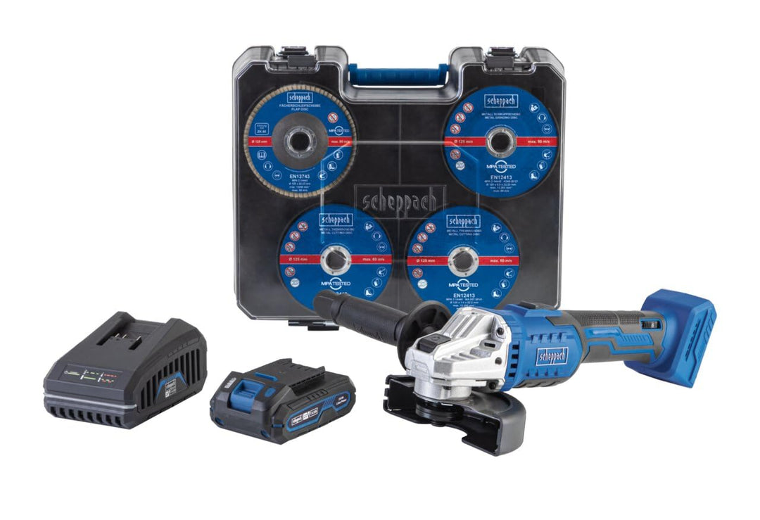 Scheppach Akku Winkelschleifer C-ATB15/1-X mit Koffer & 15 Schleifscheiben | Scheiben-Ø 125 mm | Dre