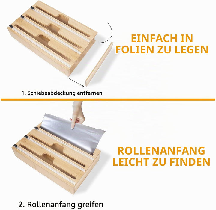 Folienschneider Küche Schublade Kompatibel mit 12" Rollen, 3 in 1 Frischhaltefolienspender Pergament