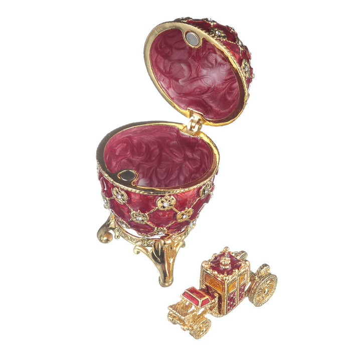 danila-souvenirs Fabergé-Stil Krönungs Ei/Schmuckkästchen mit Kutsche 6,5 cm rot