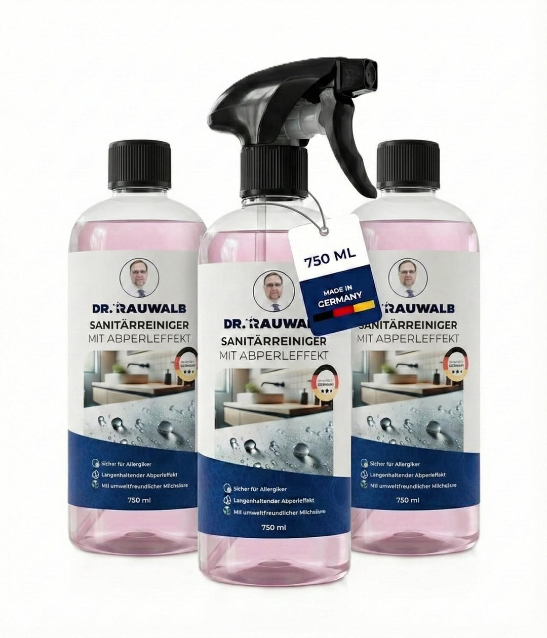 Dr. Rauwald Premium Sanitärreiniger mit Abperleffekt 3x [750ml] – Extra Stark gegen Kalk & Schmutz –