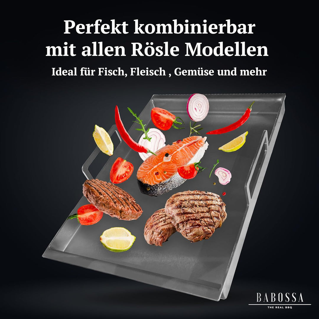 BABOSSA Premium Einsatzpfanne/Plancha kompatibel mit allen Rösle Modellen | 45x23.5cm | Massiv, verz