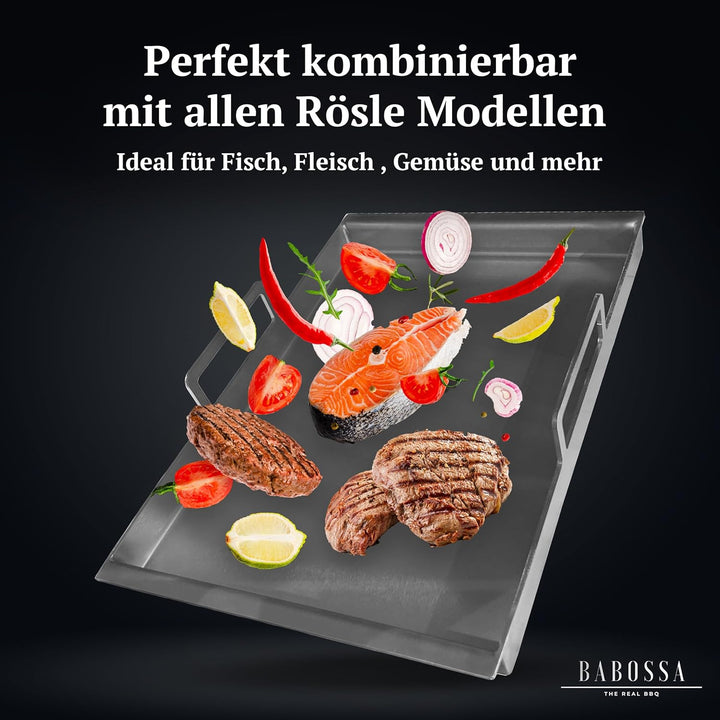 BABOSSA Premium Einsatzpfanne/Plancha kompatibel mit allen Rösle Modellen | 45x23.5cm | Massiv, verz