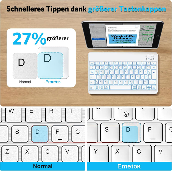 Emetok deutsche Bluetooth Tastatur für alle iPad-Modelle/iPhone/Android, Wiederaufladbar mit 7 Farbi