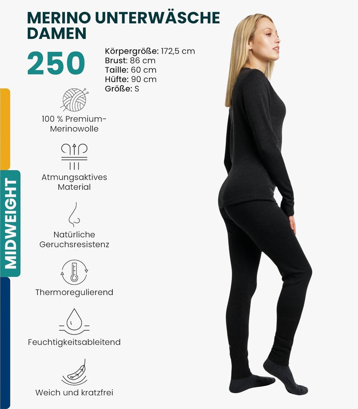 Merino.tech 100% Merino Unterwäsche Damen Set - Leicht, Mittelgewicht, Funktionsunterwäsche Merinowo
