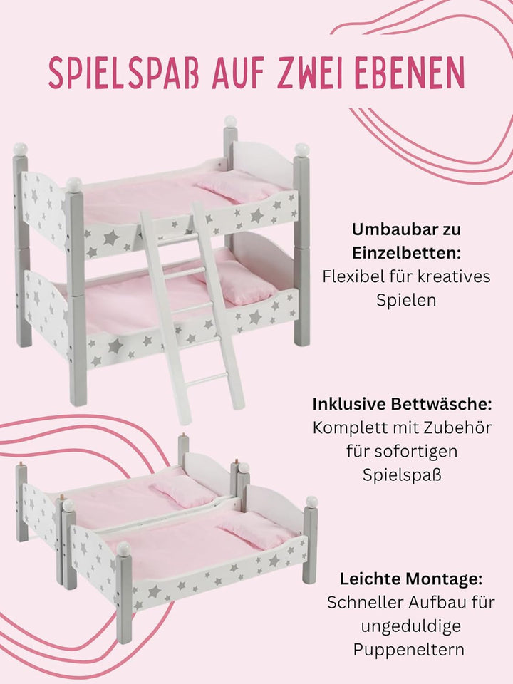 Bayer Chic 2000® Puppenbett Doppelstockbett – Stars Grau– Puppenhochbett mit Leiter & Bettwäsche – P