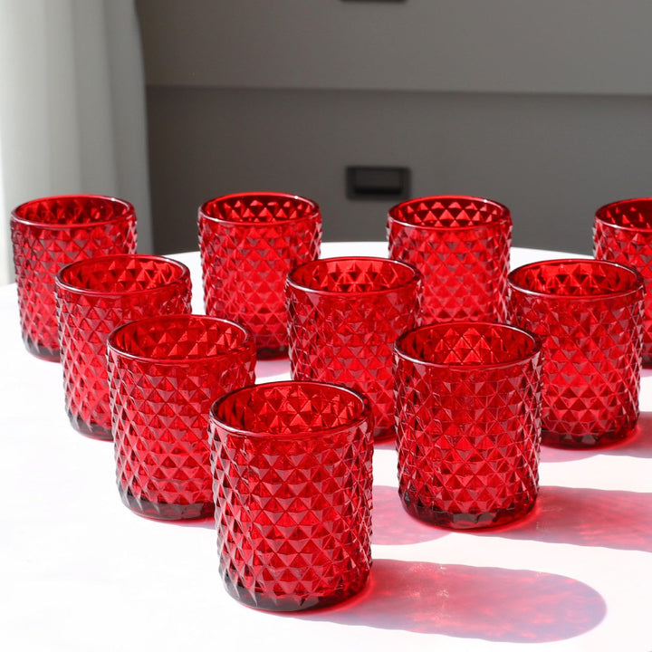 Rote Teelichter Gläser mit 12, Teelichthalter Glas für Tischdekorationen bei Hochzeiten, Rautenmuste
