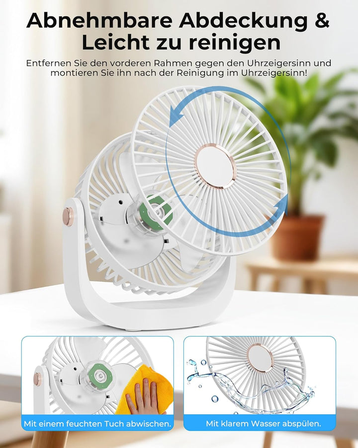 Ventilator Leise - Tischventilator mit Nachtlicht，3000mAh USB Wiederaufladbarer Kleiner Ventilator,