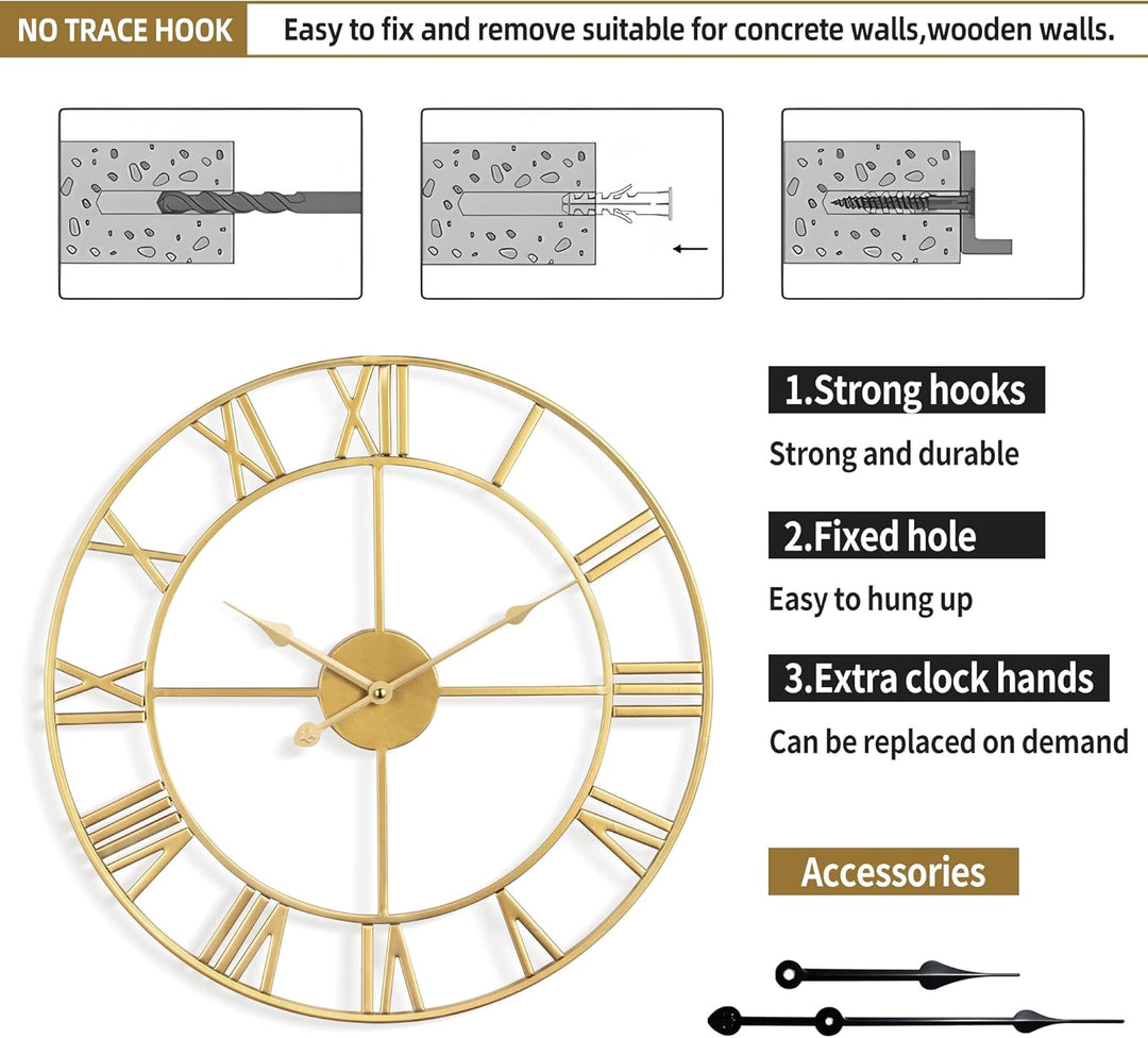 Mee 2ou Wanduhr Gross Modern Nahezu Lautlos Ohne Tickgeräusche -60cm Durchmesser Römische Ziffern Wa