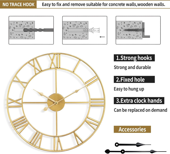 Mee 2ou Wanduhr Gross Modern Nahezu Lautlos Ohne Tickgeräusche -60cm Durchmesser Römische Ziffern Wa
