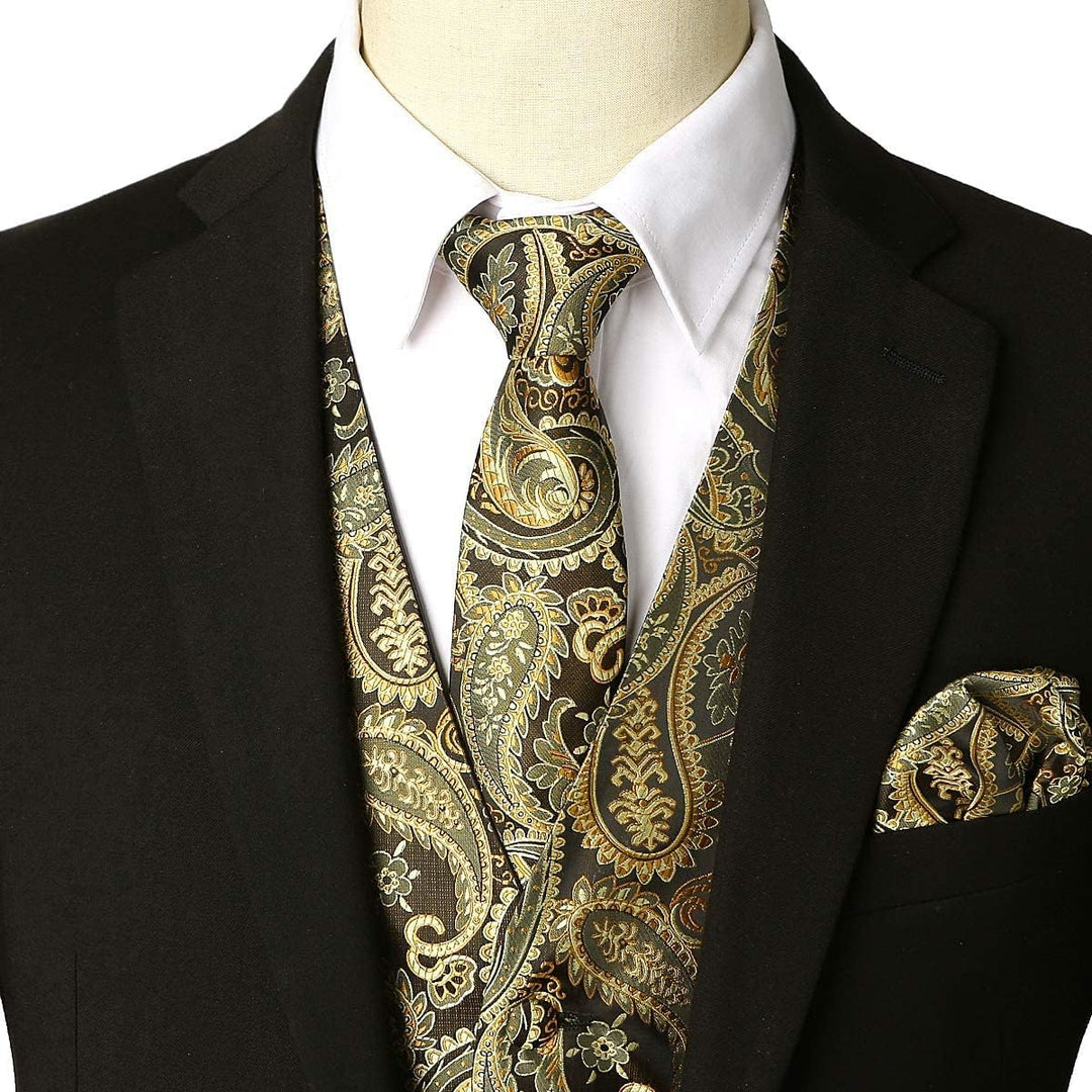 PARKLEES Klassische Herren-Weste, 3-teilig, Paisleymuster, Krawatte, Einstecktuch, Set, Hochzeit, Ab