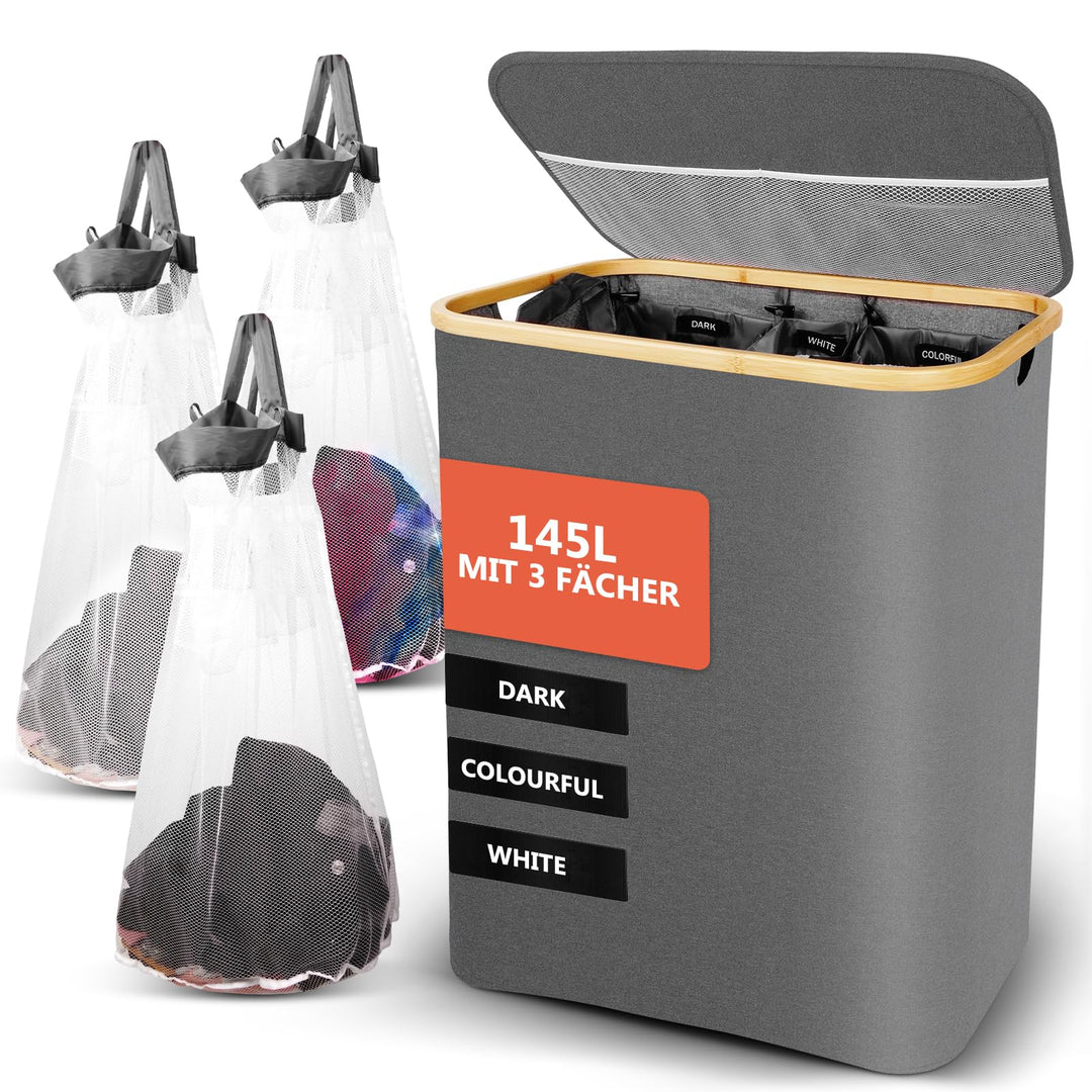 SOUTHGATE 145L Wäschekorb 3 Fächer mit Deckel, Faltbare Wäschesammler mit herausnehmbaren Wäschesack