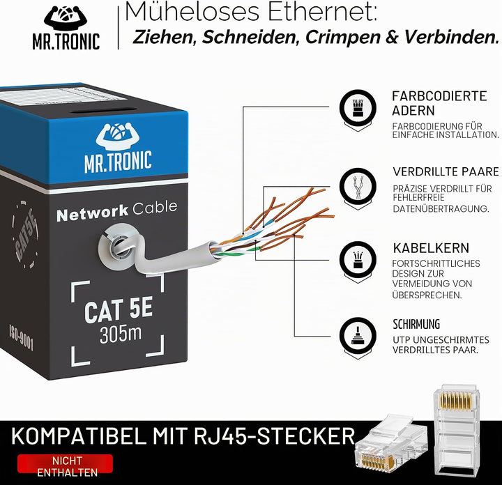 Mr. Tronic 305m Ethernet Netzwerkkabel Cat 5E, LAN Netzwerkkabel Für Schnelle & Zuverlässige Interne