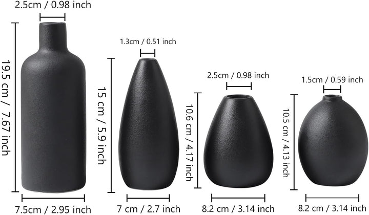CEMABT schwarz Keramik Vase Set 4er Kleine Vasen für Blumen, einzigartige Blumenvasen für Mittelstüc