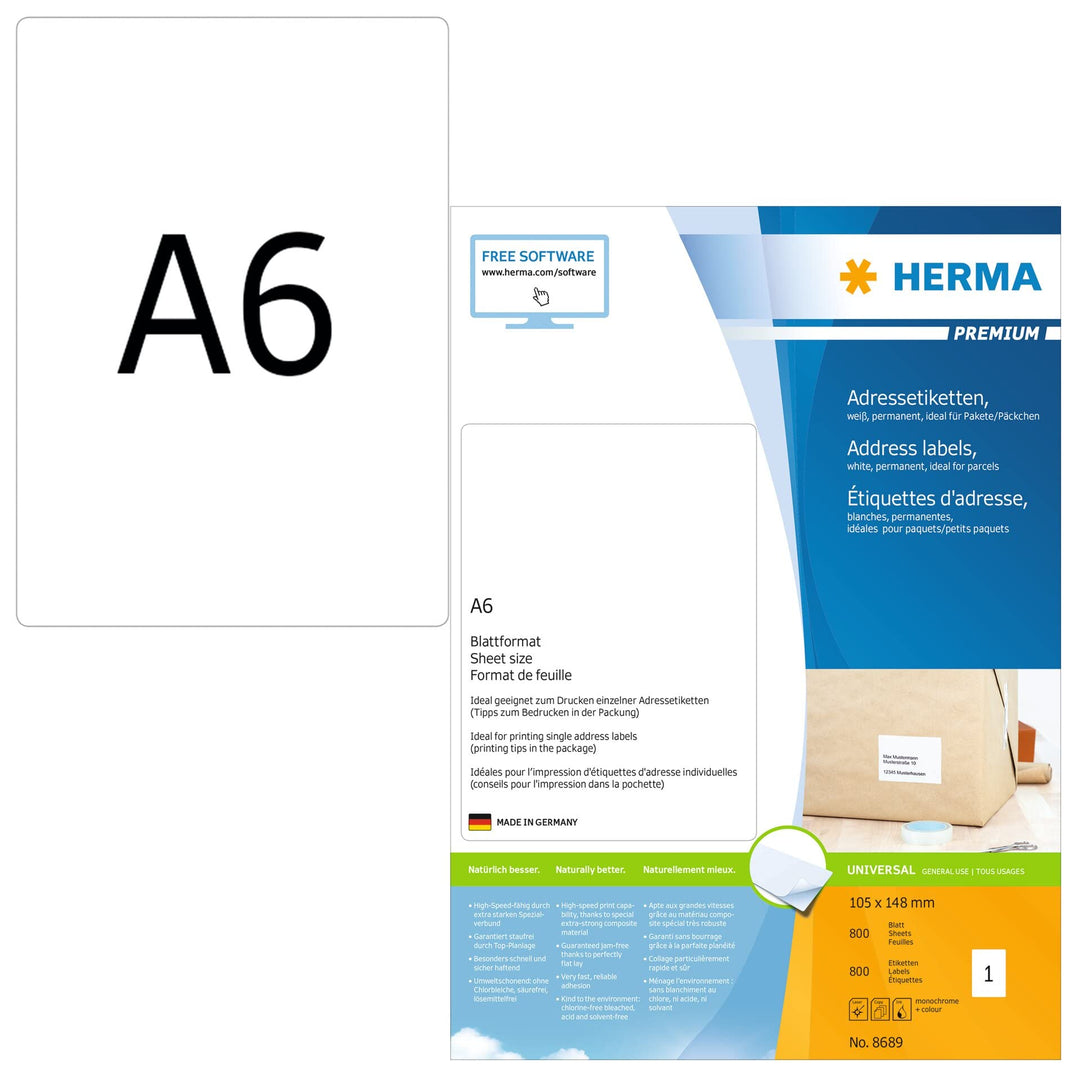 HERMA 8689 Universal Etiketten, 800 Blatt, 105 x 148 mm, 1 Stück pro A6 Bogen, 800 Aufkleber, selbst