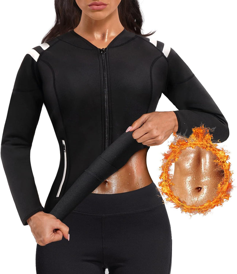 Bingrong Damen Sauna Effekt Anzug Taille Waist Trainer Fitness Lange Ärmel Neopren Shirt Abnehmen Tr