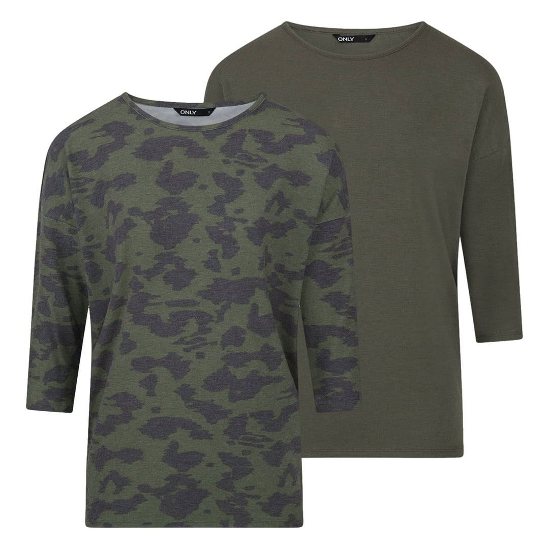 ONLY Damen Top ONLGLAMOUR 2er Pack 3/4 Ärmel Basic Shirt Rundhals Loose Fit Langarmshirt Oberteil Mu