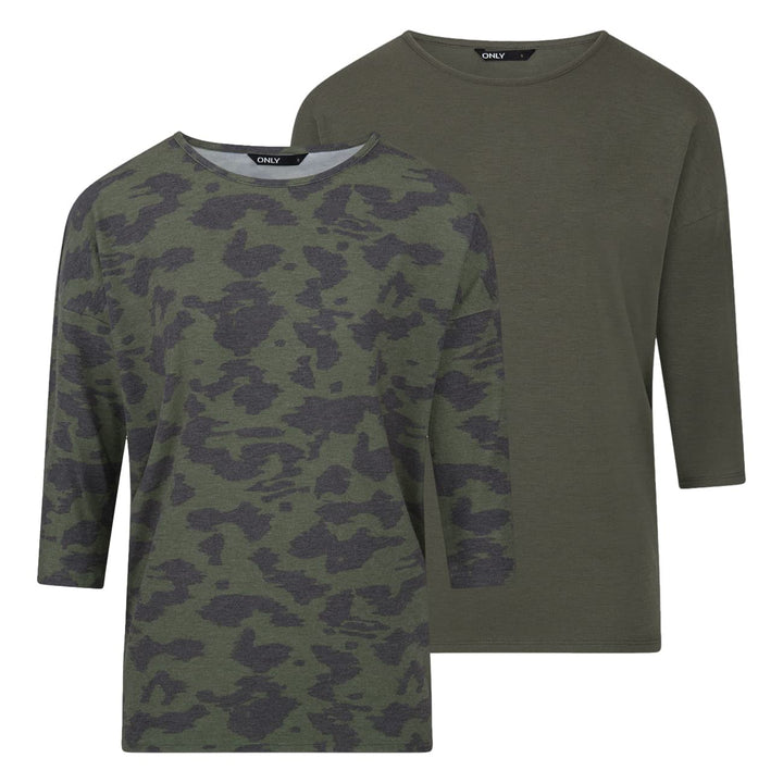 ONLY Damen Top ONLGLAMOUR 2er Pack 3/4 Ärmel Basic Shirt Rundhals Loose Fit Langarmshirt Oberteil Mu