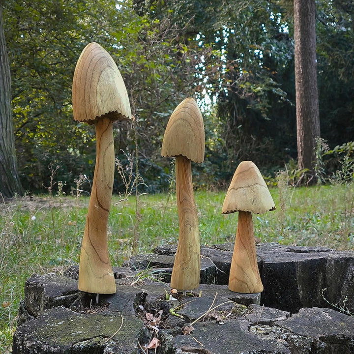 ART-CRAFT Naturnahe Holzpilz-Deko Set mit 3 handgeschnitzten Pilzen 40-30-20 cm hoch - Für Balkon, T