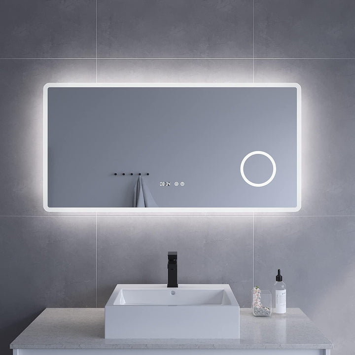 Badezimmerspiegel mit Licht Schminkspiegel Uhrzeit 120x60 cm Badspiegel mit LED Beleuchtung Antibesc