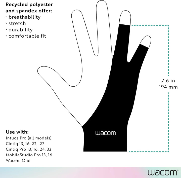 Wacom Zeichenhandschuh, Zwei-Finger-Künstler-Handschuh für Zeichnungstablet-Stift-Display, 90% recyc