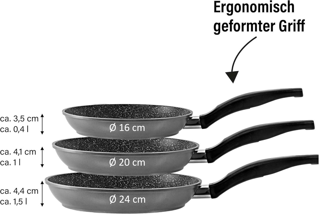 STONELINE Pfannenset 3 teilig, 16/20/24 cm, Antihaft beschichtete Pfanne mit echten Steinpartikeln,