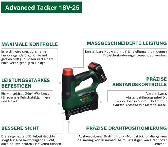 Bosch 18V System Akku-Tacker/Nagler AdvancedTacker 18V-25 (Leistungsstarkes 2-in-1-Klammern und Nage