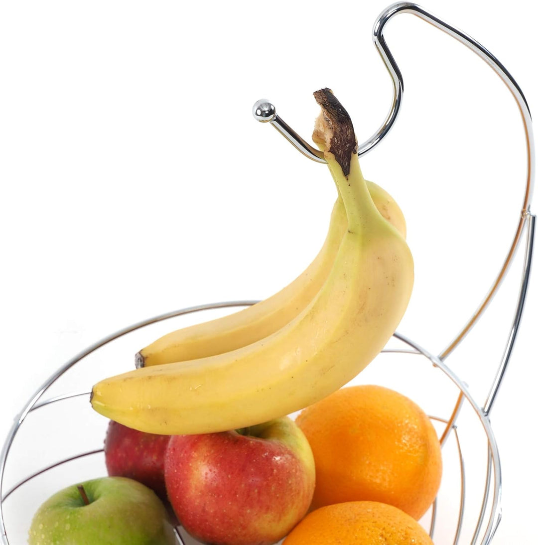 DESIGN DELIGHTS PRAKTISCHER METALL OBSTKORB FRESH | Ø 25 cm, verchromt, mit Bananenaufhänger | Früch