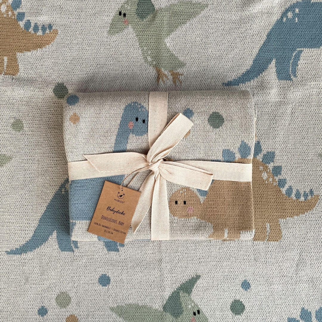 nidito Hochwertige Bio Babydecke Baumwolle Beige Dino - 100% GOTS Bio-Baumwolle - 80x100 cm - herrli