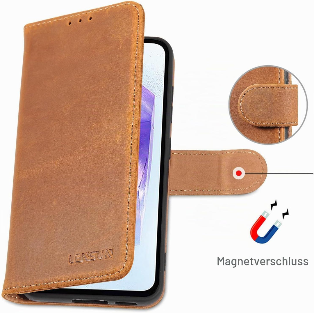 LENSUN Echtleder Hülle für Samsung Galaxy A55, Handyhülle [Echtes Leder][Kartenfach][RFID Schutz] Ha