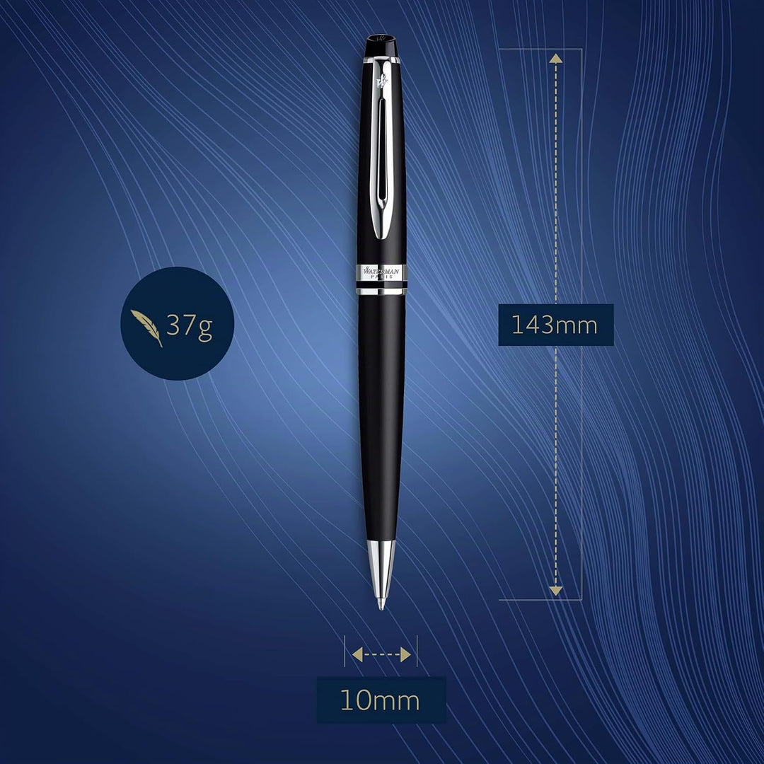 Waterman Expert Kugelschreiber | Mattschwarz | Chromzierteile | Mittlere Spitze | Blaue Tinte | Gesc